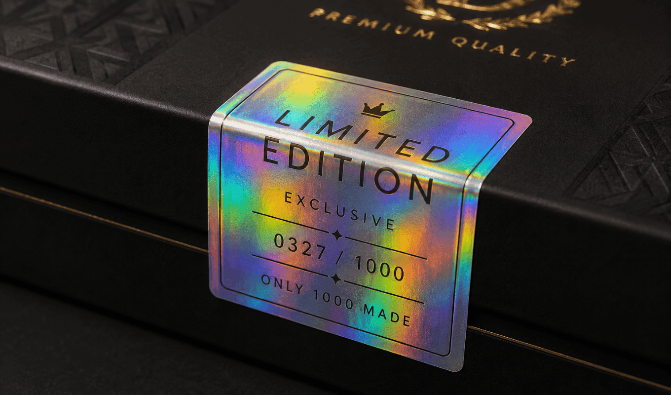 Detailaufnahme eines holografischen Stickers mit Neonprint