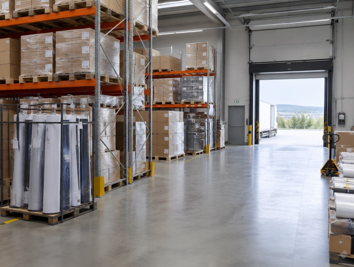 Logistikfläche mit Rollenware und Versandkartons